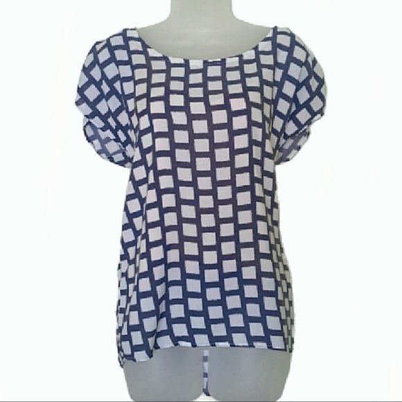 SPLENDID - Navy Blue & White Window Pane Cap Sleeve Buttoned Back Top - Size XS - Picture 1 of 7